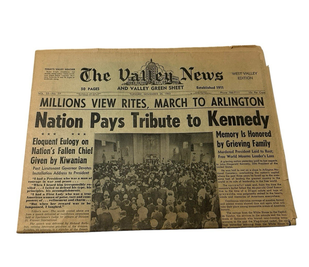 Newspaper Assassination John F Kennedy JFK Jackie 1960s Nation Pays Tribute